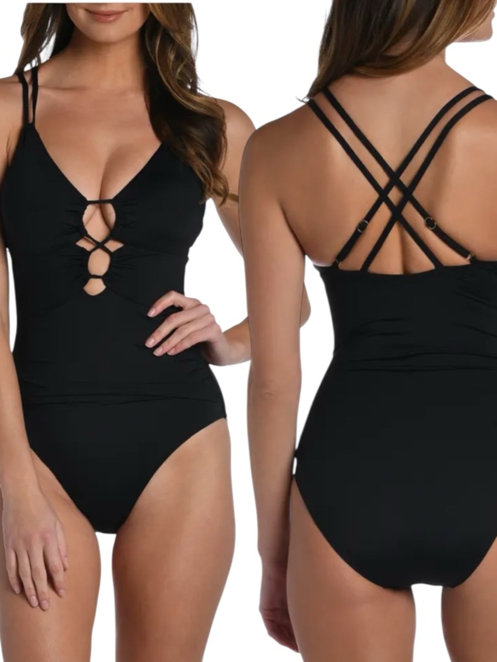 La Blanca Black Island Goddess Underwire Lace Up One Piece Swimsuit Size 16